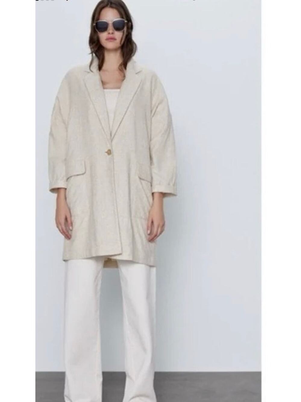Zara Linen Blend Oversized Blazer Size L Beige Oatmeal Notch Lapel Lagenlook